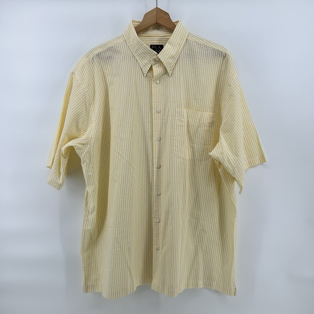 Jos A Bank Seersucker Shirt XL Yellow White Stripe Cotton Summer Classic Coastal